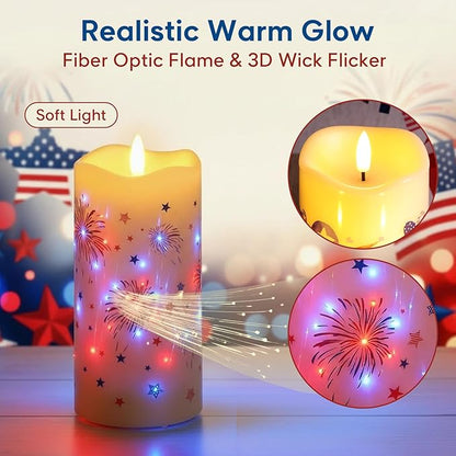 Eywamage Patriotic Fiber Optic Flameless Candles with Remote, Flickering Battery LED Candles Set of 3, 4th of July Independence Day Memorial Day Decor