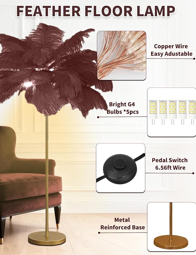Feather Floor Lamp,Fluffy Ostrich Feather Floor Lamp for Bedroom,3 Color Temperatures Led Corner Modern Floor Lamps for Living Room Christmas Home Decor House Warming Gifts,63″ Height (Coffee)