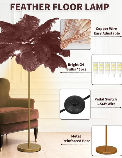 Feather Floor Lamp,Fluffy Ostrich Feather Floor Lamp for Bedroom,3 Color Temperatures Led Corner Modern Floor Lamps for Living Room Christmas Home Decor House Warming Gifts,63″ Height (Coffee)