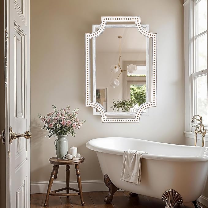 HOITUZYUS 24x36 Inch Rustic Farmhouse Wall Mirror for Bathroom, Boho Wooden Frame Rectangular Mirrors for Fireplace, Entryway, Living Room & Bedroom, Horizontal or Vertical Hanging