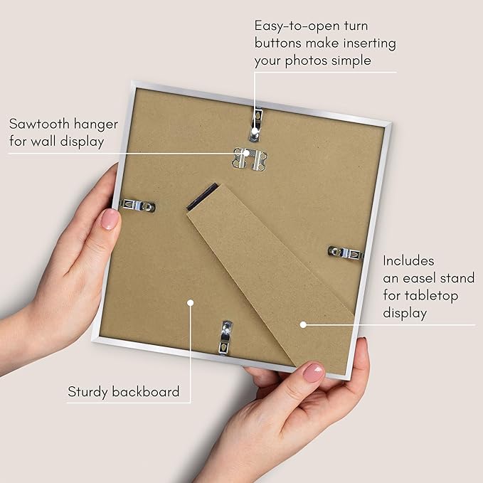 Americanflat 10x10 Picture Frame with Shatter-Resistant Glass - Use as 8x8 Frame with Mat or Display 10x10 Photo Without Mat - Streamline Collection - Square Frames for Tabletop or Wall - Silver