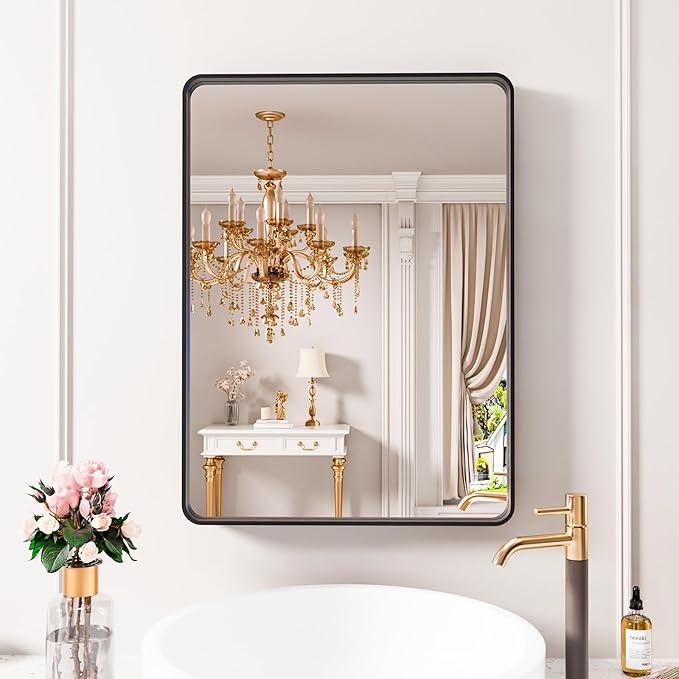 JISOSO Black Bathroom Mirror 21X30 Inch, Black Metal Framed Mirror for Wall, Rounded Rectangle Matte Bathroom Vanity Mirror with Tempered Glass, Anti-Rust, Horizontal/Vertical