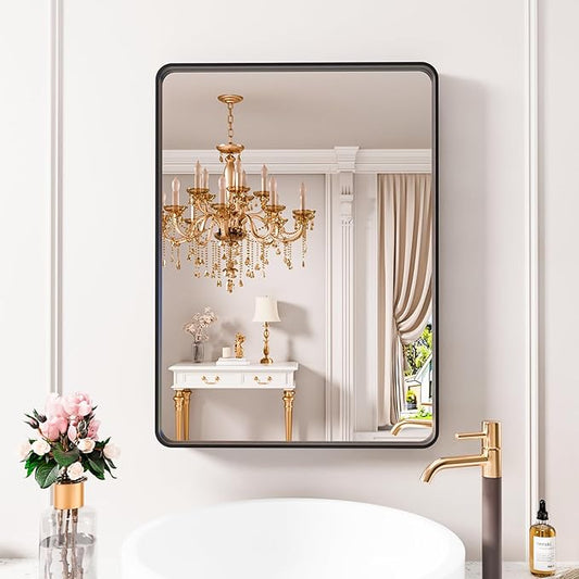 JISOSO Black Bathroom Mirror 21X30 Inch, Black Metal Framed Mirror for Wall, Rounded Rectangle Matte Bathroom Vanity Mirror with Tempered Glass, Anti-Rust, Horizontal/Vertical