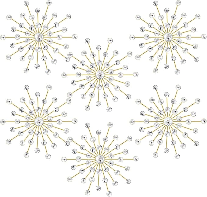 Barydat 6 Pcs Metal Starburst Wall Decor Bling Crystal Wall Art Rhinestone Sunburst Home Decoration No Punch Starburst Hanging Diamond Accents for Living Room Bedroom(25cm,Gold)