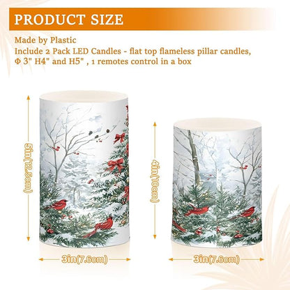 ALAZA Flickering Flameless Candles with Christmas Tree Red Birds Battery Operated with Remote Timer,Tea Light Candles LED Pillar Votive Candles Set of 2 for Outdoor Indoor Decorations