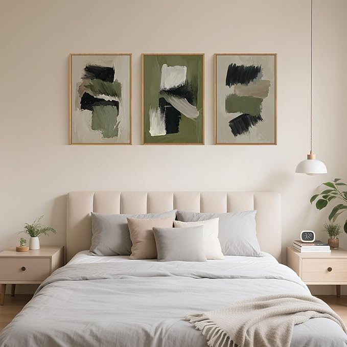 Green Abstract Framed Canvas Wall Art Set, Modern Brush Strokes Wall Decor,Neutral Tone Minimalist Green and Black Color Block Art Print for Living Room,Bedroom,Dining Room, Office-16 x24 x3