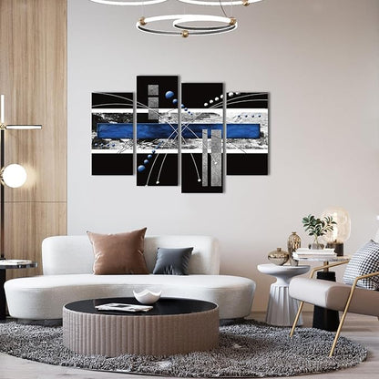 YPY Large Black Blue Canvas Wall Art - 4 Panels Modern Abstract Picture Set for Home Decoration - Contemporary Painting Artwork Ready to Hang Living Room Bedroom W48 x H36