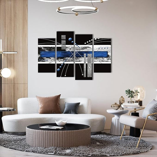 YPY Large Black Blue Canvas Wall Art - 4 Panels Modern Abstract Picture Set for Home Decoration - Contemporary Painting Artwork Ready to Hang Living Room Bedroom W48 x H36