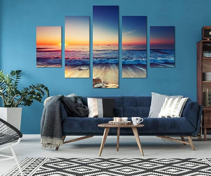 Beautiful Enlarge 5 Piece Sunset Beach Waves Landscape Artwork Pictures Painting on Canvas Wall Art for Living Room Prints and Posters for Home Decorations Wall Decor Set Framed (60’’W x 40’’H)