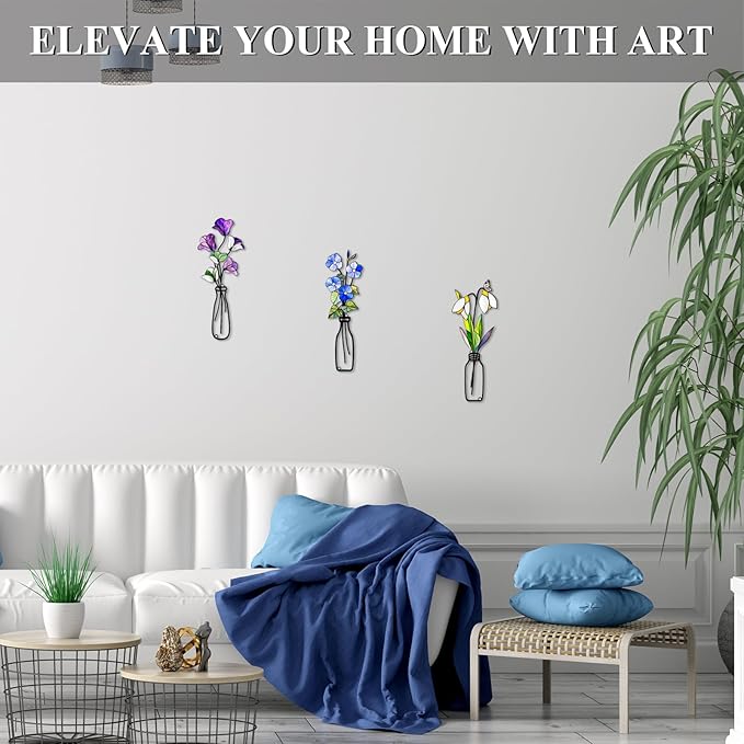 Fanjashn 3 Pcs Metal Flowers Wall Arts, Floral Art Wall Decor, Minimalist Flower Wall Decor for Living Room, Bathroom, Bedroom, Kitchen and Dining Room