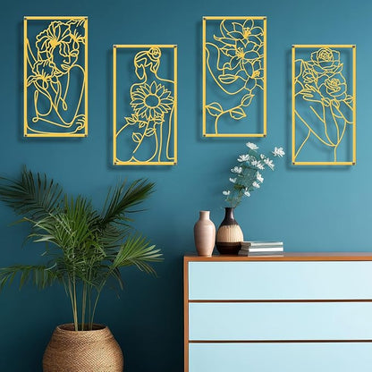 Zzbakress 4 Pcs Metal Minimalist Abstract Woman and Flower Wall Art Single Line Drawing Art Decoration Minimalist Home Hanging Wall Art Decor for Bedroom Kitchen Bathroom Living Room (style1, Gold)