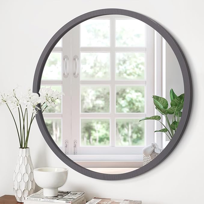 JJUUYOU Large Round Mirrors for Wall Circular Mirror for Bathroom 24 Inch Mirror Wood Framed Round Bathroom Make up Mirrors for Living Room Wall Mounted Bedroom Dorm