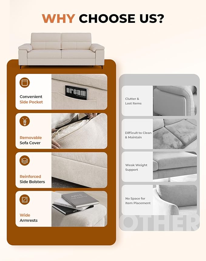 Upvilla 88.97" Modern Couches for Living Room, Deep Seat Sofa with 8” Cushion, Comfy 2-Seater Chenille Loveseat Sofa with Convertible Armrest, Removable Sofa Cover, High Leg (Beige)