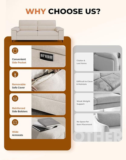 Upvilla 88.97" Modern Couches for Living Room, Deep Seat Sofa with 8” Cushion, Comfy 2-Seater Chenille Loveseat Sofa with Convertible Armrest, Removable Sofa Cover, High Leg (Beige)