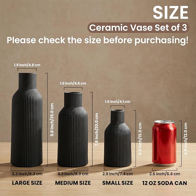 Black Ceramic Flower Vases Set of 3, Modern Matte Vertical Ribbed, Nordic Minimalist Decor for Pampas Grass, Dried & Fresh Flowers, Centerpiece for Living Room, Shelf, Entryway, Wedding