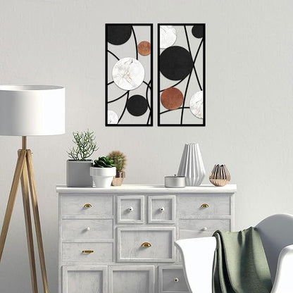 ruelen 2 Pieces Metal Wall Art，Abstract Geometric Circle Decor with Marble Texture, Modern Minimalist Black White Brown Wall Sculpture for Living Room，Bedroom，Office