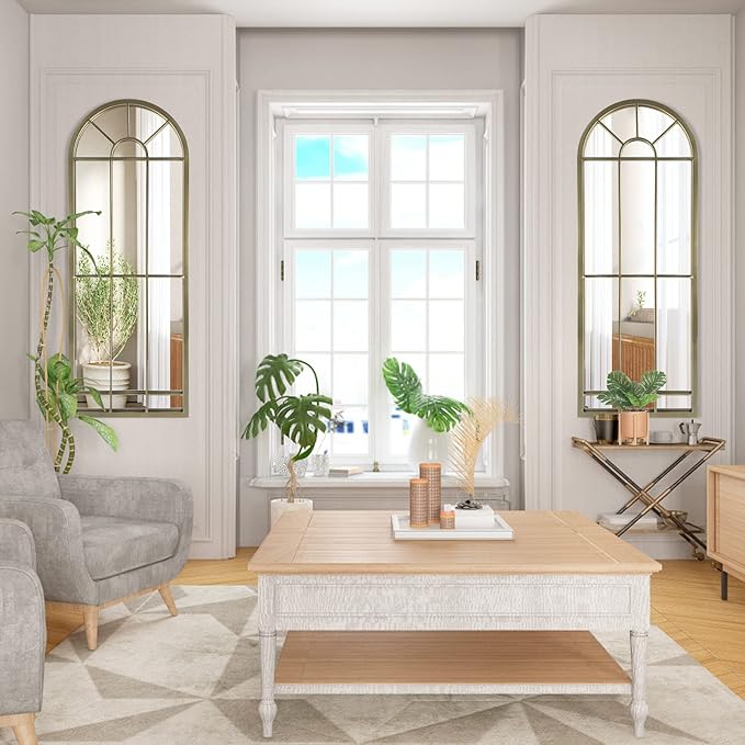 HQiJun Wall Mirror Window Decorative Mirrors Arched Farmhouse for Living Room Bedroom Entryway Bathroom Vanity(Gold,47” x17” x 1”)