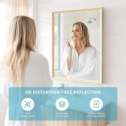 Oak Wood Effect Framed Wall Mirror, 32x40 Rectangle Mirror, Anti-desilvering Tempered Glass, Sustainable& Sturdy Frame, Farmhouse Mirror, Anti-Rust, 3min Fast Setup for Bathroom Living Room
