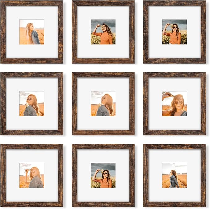 YESKAY 8x8 Picture Frame Set of 9, Photo Gallery Wall Frame Set, Display Pictures 4x4 with Mat or 8 x 8 Without Mat, Square Frame Picture Frames Collage Wall Decor, Rustic Brown