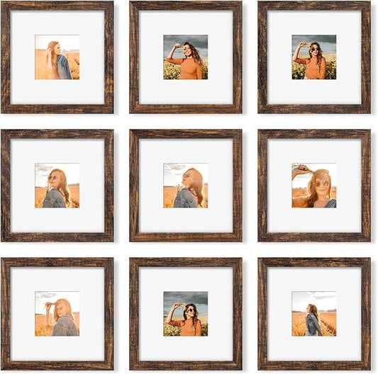 YESKAY 8x8 Picture Frame Set of 9, Photo Gallery Wall Frame Set, Display Pictures 4x4 with Mat or 8 x 8 Without Mat, Square Frame Picture Frames Collage Wall Decor, Rustic Brown
