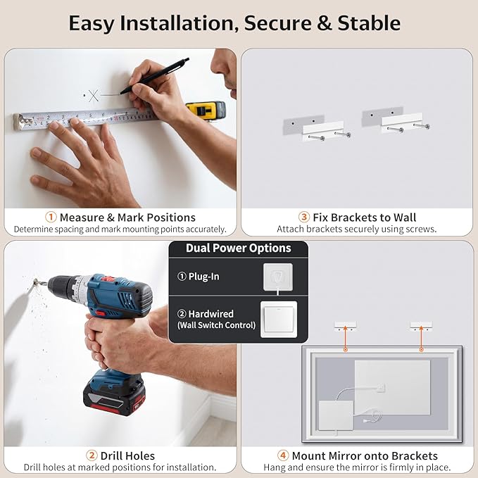 30"x50" LED Bathroom Mirror with Lights, Front & Backlit, Anti-Fog, Dimmable, 3 Color Temperature, CRI 90+, LED Mirror for Bathroom with Premium Full Aluminum Frame, Touch Control with Memory