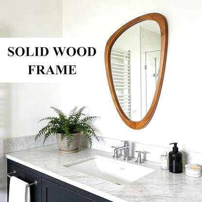 Irregular Wall Mirror Asymmetrical Bathroom Mirror, 19 x 30 Inch Wall Mounted Decorative Mirror with Wooden Frame for Living Room, Vanity, Bedroom, Entryway, Hallway