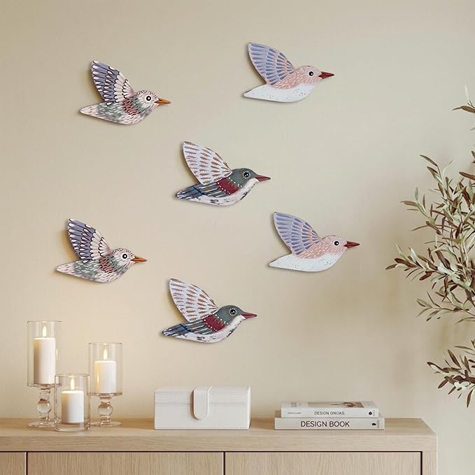 ARTINRENAISS Wooden Flying Birds Wall Decor, Scandinavian Rustic Wall Art Set Housewarming Gifts, 6 Pack Boho Birds Hanging Sign for Living Room, Bedroom, Kitchen