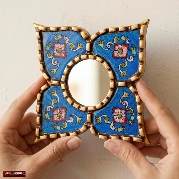 Peruvian Painted Glass Mirror with Bronze Leaf Framed - Handmade Diamond Mirror 6in for Gallery wall (Blue)