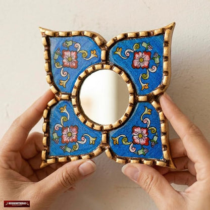 Peruvian Painted Glass Mirror with Bronze Leaf Framed - Handmade Diamond Mirror 6in for Gallery wall (Blue)