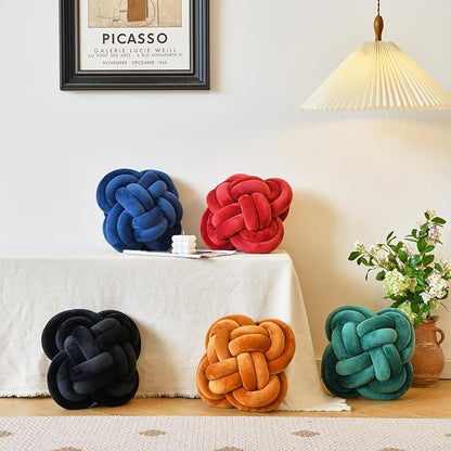 Xuyier Knot Pillow Ball, Decorative Throw Pillows with Velvet Fabric for Couch Bed, 12" Decor Knotted Square Floor Pillow Cushions for Living Room (12 Inches, Black)