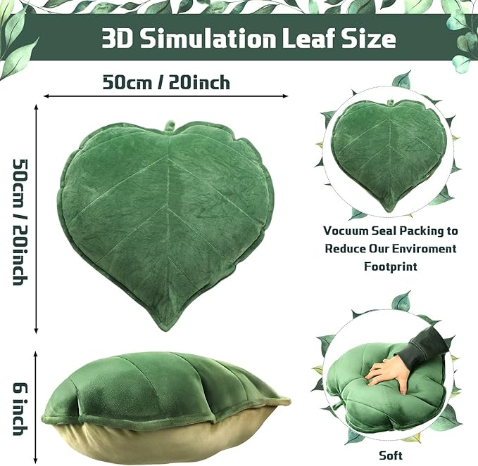 3 Pcs Leaf Shaped Pillow - 20 x 20 Inches, 3D Leaves Soft Throw Pillow Decorative Sofa Cushion, Green Plant Home Decoration for Car, Bedroom, Sofa, Living Room