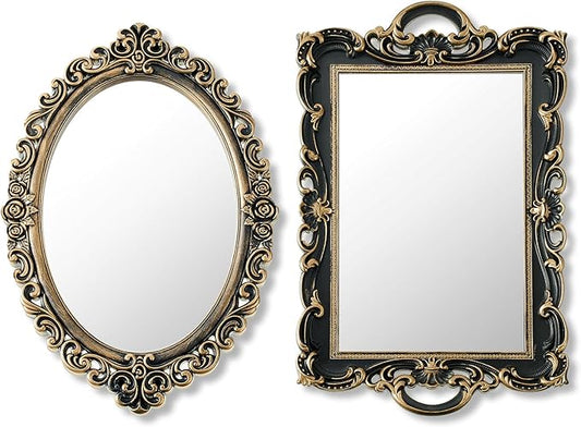Beeveer 2 Style Vintage Mirrors Set Decorative Oval Wall Mirror Small Antique Mirrored Tray Decorative Hanging Mirror for Bathroom Bedroom Jewelry Organizer Victorian Decor (Square,Antique Gold)
