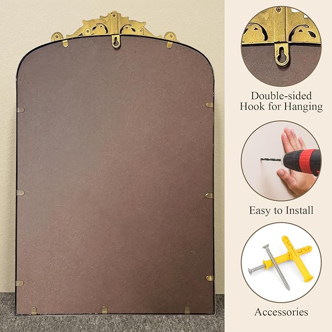 Gold Baroque Vintage Mirror for Vanity 24x16Inch Gold Antique with Ornate Frame, Arched Vintage Wall for Bathroom, Living Room, Fireplace, Entryway (Golden (Arched 7), 24"L x 16"W（Vertical ）)