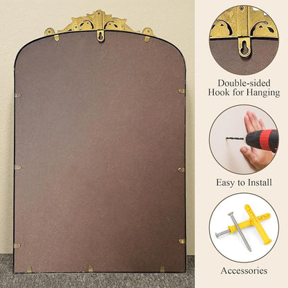 Gold Baroque Vintage Mirror for Vanity 24x16Inch Gold Antique with Ornate Frame, Arched Vintage Wall for Bathroom, Living Room, Fireplace, Entryway (Golden (Arched 7), 24"L x 16"W（Vertical ）)