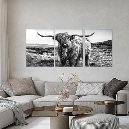 Funny Highland Cow Canvas Wall Art Vintage Farmhouse Cow Picture for Bathroom Wall Decor Black and White Animal Print Artwork for Country House Living Room Bedroom Decoration 20x28inchx3pcs
