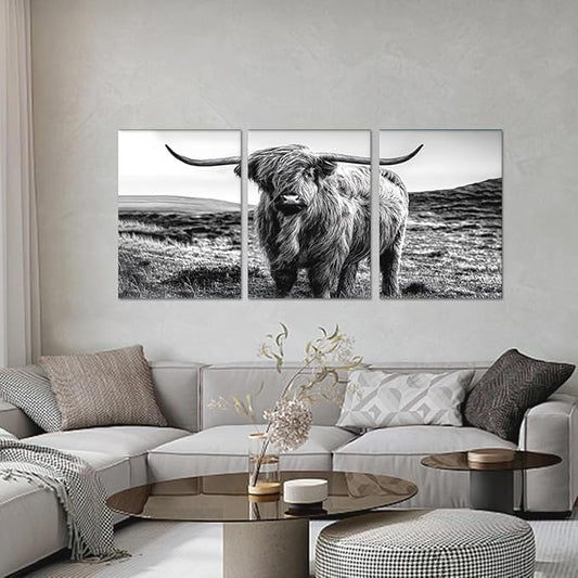 Funny Highland Cow Canvas Wall Art Vintage Farmhouse Cow Picture for Bathroom Wall Decor Black and White Animal Print Artwork for Country House Living Room Bedroom Decoration 20x28inchx3pcs