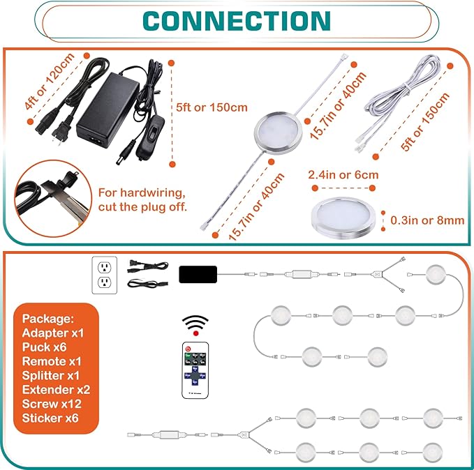 Kitchen Underneath Cabinet LED Puck Light, Hutch Backsplash Back Lighting, 110V Plug in & Hardwired, Wireless RF Remote Control Dimmable, Linkable, White Wires, Warm White 2700K, 6 Lights