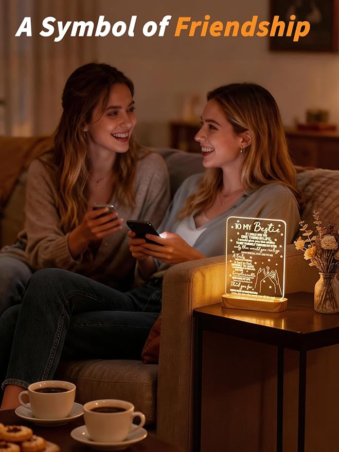 to My Bestie Gifts, Best Friend Gift for Women 3D Illusion Lamp, I Love You Friends Night Light for BFF Christmas White Elephant Gifts, Soft Warm Color Wooden Table Lamp