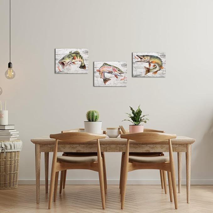 KREATIVE ARTS Marine Life Canvas Wall Art - 12x16 Inch Set of 3, Featuring Largemouth Bass, Rainbow Trout, Northern Pike - Modern Abstract Fish Paintings for Living Room, Bedroom, Bathroom Decor