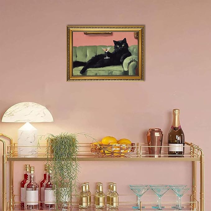 YD&YZY Gold Framed Funny Cat Wall Art Canvas Black Cat Martini Vintage Quirky Humor Bar Cart Wall Decor Cute Animal Painting Picture Print Artwork for Bedroom Living Room Bathroom 12x16 inch Framed