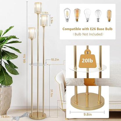 HMVPL Gold Floor Lamps for Living Room, Modern Floor Lamp with Shelves, Crystal Standing Lamps with Table, Brass Tall Lamp with Crystal Shade, On/Off Switch, Mid Century Corner Floor Lamp for Bedroom