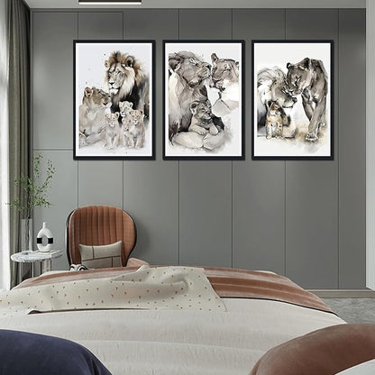 Watercolor Nature Animals Framed Canvas Wall Art 3 Pieces Lion Family Portrait Wall Decor for Country Apartment Living Room Bedroom Wildlife Animals Artwork Decoration Easy to Hand 24x36inchx3pcs