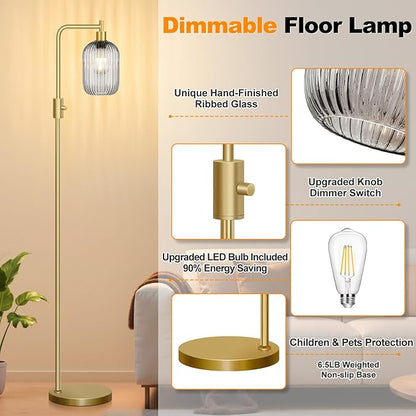 【Upgraded】 Dimmable Glass Floor Lamp for Living Room, Modern Gold Standing Lamp with Gray Ribbed Glass Lampshade & Knob Dimmer, Arc Tall Lamp for Bedroom Office Reading Room, 2700K Led Bulb Included
