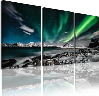 Green Sky Poster 3 Pieces Wall Art Ephany Art Aurora Scenery Painting on Canvas Landscape Sky Night Painting Stretched and Framed Canvas Paintings Ready to Hang for Home Decorations Wall Decor
