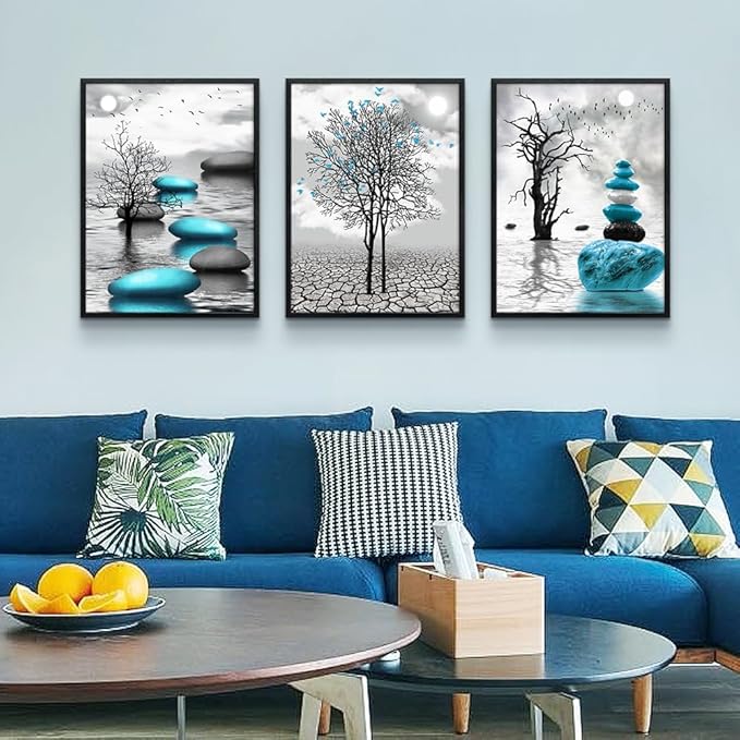 Large Black Framed Wall Art for Living Room Wall Decor for Office Bedroom Wall Decoration Blue Abstract Pictures Black and White Paintings Modern Room Aesthetic Home Decor 3 Piece Art Prints