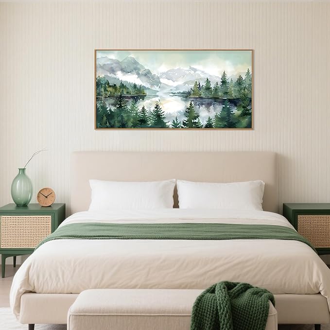 Watercolor Mountain Framed Canvas Wall Art Set, Boho Forest Wall Decor, Nature Green Pines Wall Painting, Forest Wilderness Artwork for Living Room, Bedroom, Dining Room, Office-20 x40 x1