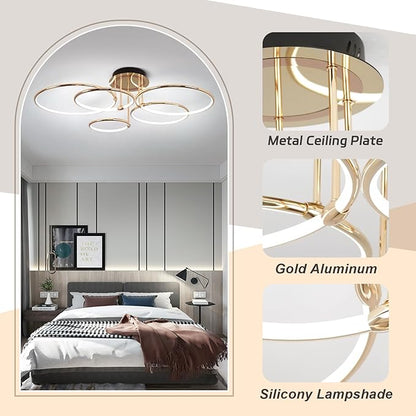 CANEOE Modern Ceiling Light Fixture,Gold Dimmable Led Ceiling Light with Remote Control for Living Room,5 Rings Flush Mount Ceiling Lamp for Living Room Bedroom Kitchen Lighting Fixtures Ceiling