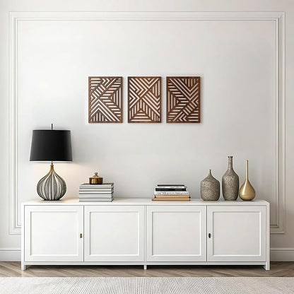 qmmp Modern Wooden Wall Sculptures - Set of 3 - Home Decor Accent - Large Wall Art for Living Room, Bedroom, Office - Easy Installation (Walnut, Medium - Direction)