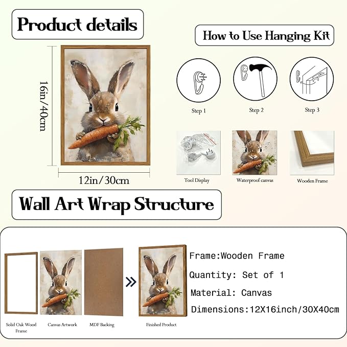 Framed Vintage Rabbit Canvas Wall Art, Cute Easter Bunny with Carrot Pictures Wall Decor, Spring Farmhouse Animal Paintings Prints Cottagecore Home Decor for Living Room kitchen Nursery 12x16 inch