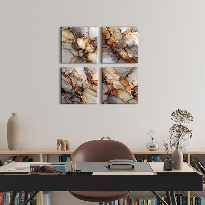 Gold Abstract Canvas Wall Art Marble Paintings Wall Decor Modern Fluid Texture Pictures for Walls Modern Home Decor Luxury Posters for Living Room Bedroom Office Artwork Decorations 12x12” 4 Pcs